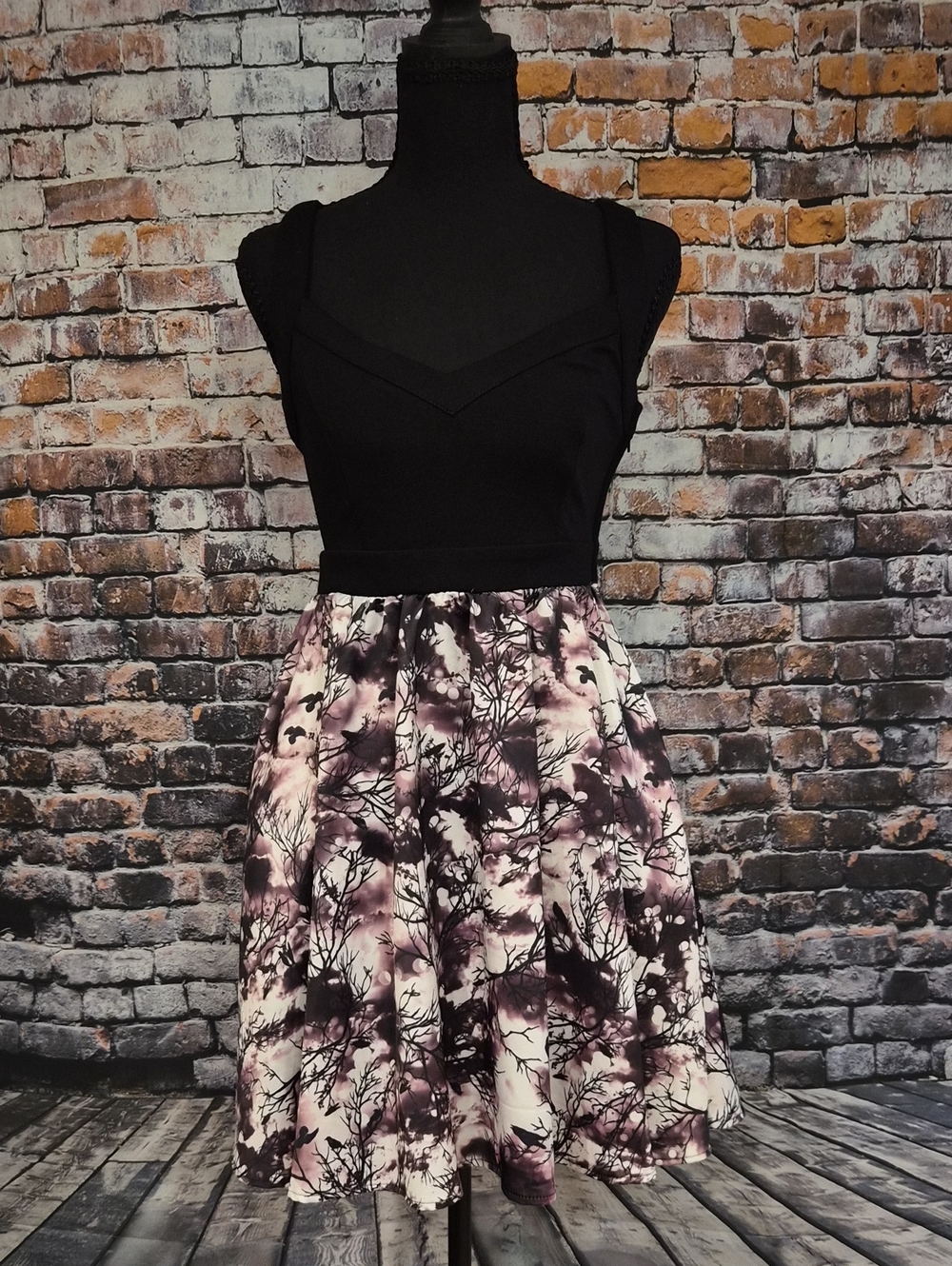 Hot Topic Black Bodice Skater Dress with Purple Floral Tree Print